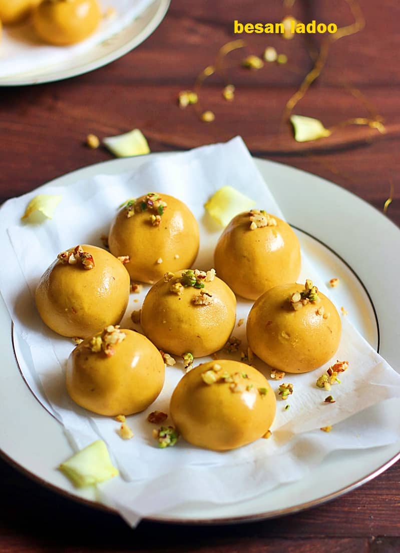 Golden handmade besan laddoos packed with care